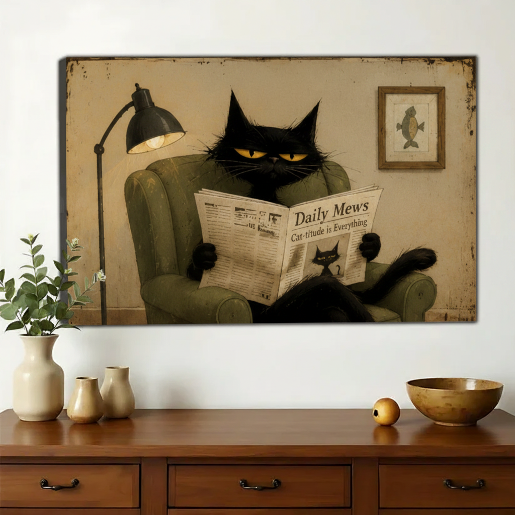 Black Cat Reading Daily Mews Wall Art – Vintage Humour Cat Canvas Print on Natural Wood Frame