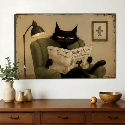 Black Cat Reading Daily Mews Wall Art – Vintage Humour Cat Canvas Print on Natural Wood Frame