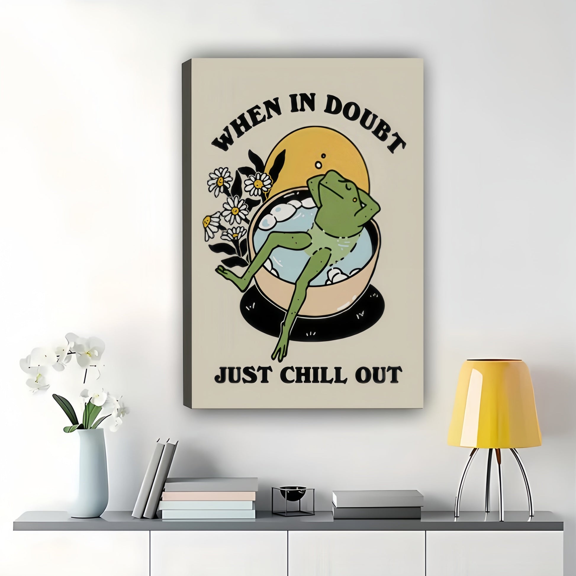 “When In Doubt Just Chill Out” Frog Bath – Relaxing Motivational Wall Art on Natural Wood Canvas