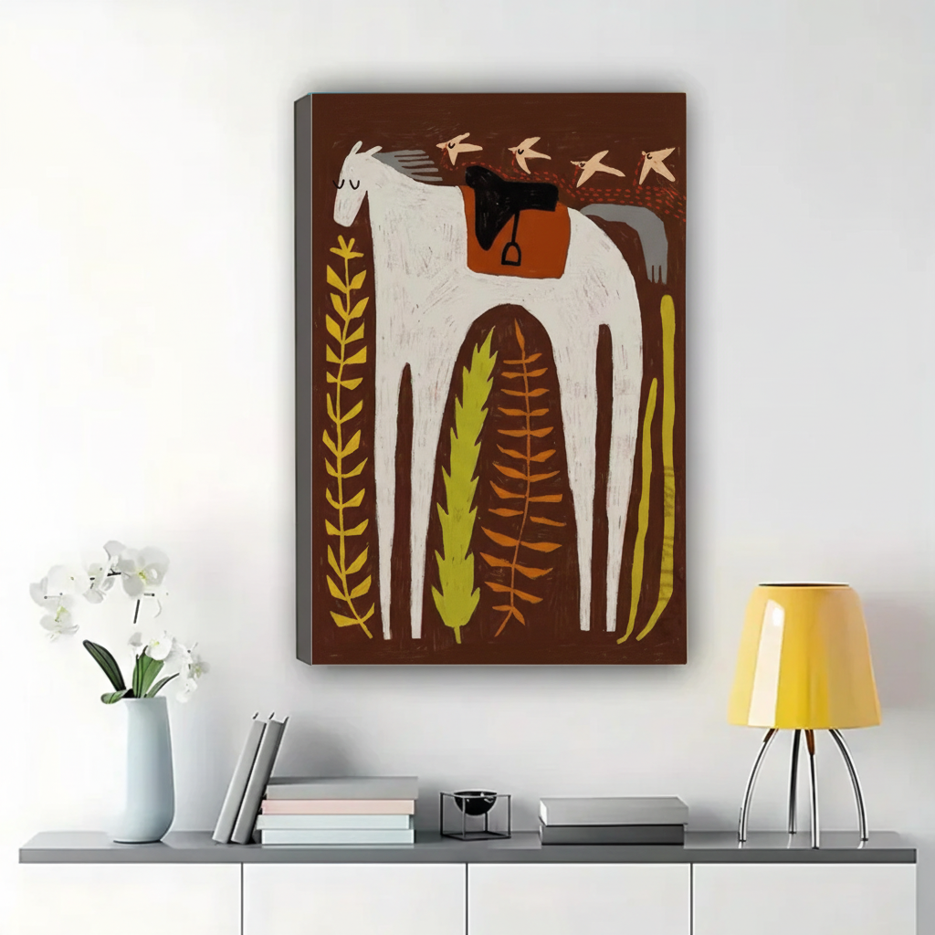 White Horse with Ferns & Swallows Wall Art – Scandinavian Folk Art Canvas Print on Natural Wood Frame