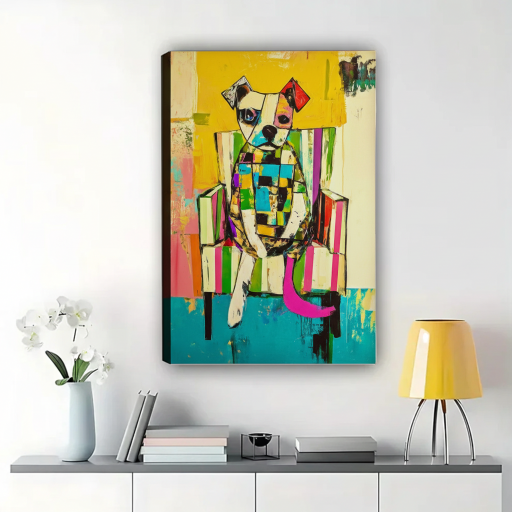 Colorful Abstract Dog on Chair Wall Art – Vibrant Neo-Expressionist Canvas Print on Natural Wood Frame