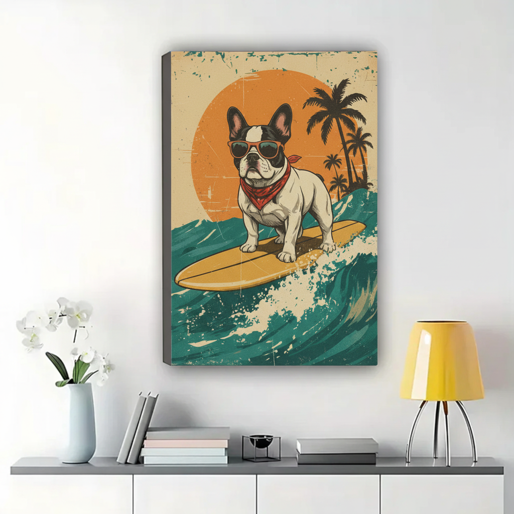 Surfing French Bulldog Wall Art – Retro Vintage Dog Canvas Print on Natural Wood Frame