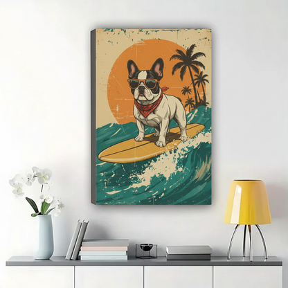 Surfing French Bulldog Wall Art – Retro Vintage Dog Canvas Print on Natural Wood Frame