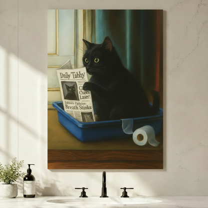 Funny Black Cat Newspaper Canvas Wall Art Print