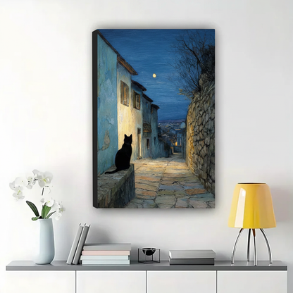 Black Cat on a Mediterranean Alley Wall Art – Moonlit Oil Painting Canvas Print on Natural Wood Frame