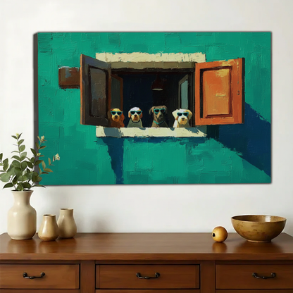Four Dogs in Sunglasses Wall Art – Funny Bold Canvas Print on Natural Wood Frame