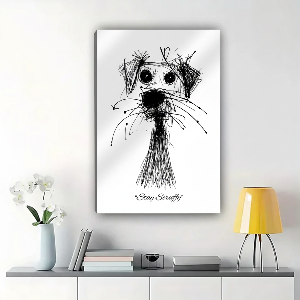 Stay Scruffy Dog Wall Art – Expressive Ink Sketch Canvas Print on Natural Wood Frame