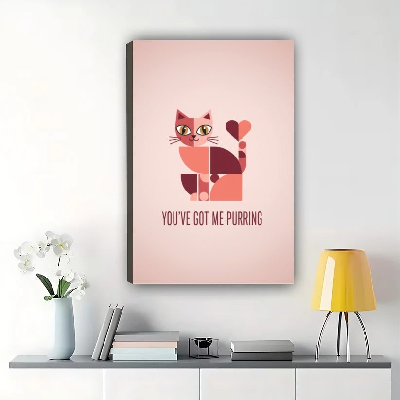 Romantic “You've Got Me Purring” Cat Couple Illustration – Soft Pink Wall Art on Natural Wood Canvas