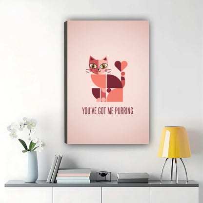 Romantic “You've Got Me Purring” Cat Couple Illustration – Soft Pink Wall Art on Natural Wood Canvas