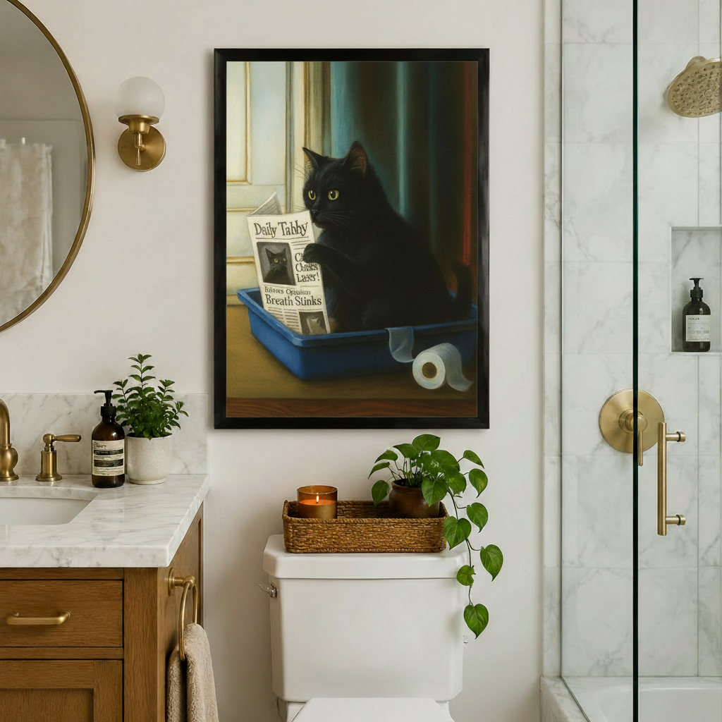 Funny Black Cat Newspaper Canvas Wall Art Print