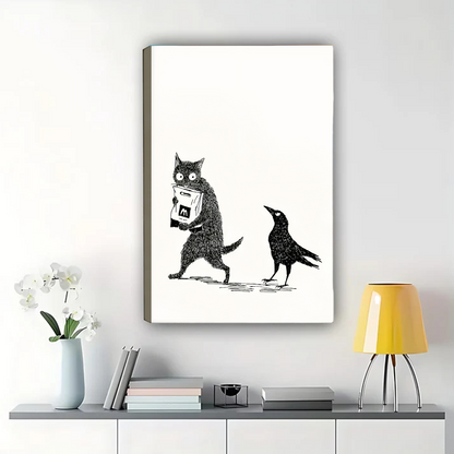 Cat Stealing Food from Crow Wall Art - Funny Animal Print