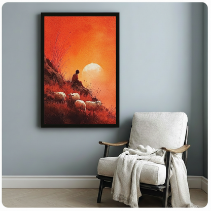 Shepherd Sunset Hillside Sheep Canvas Wall Art