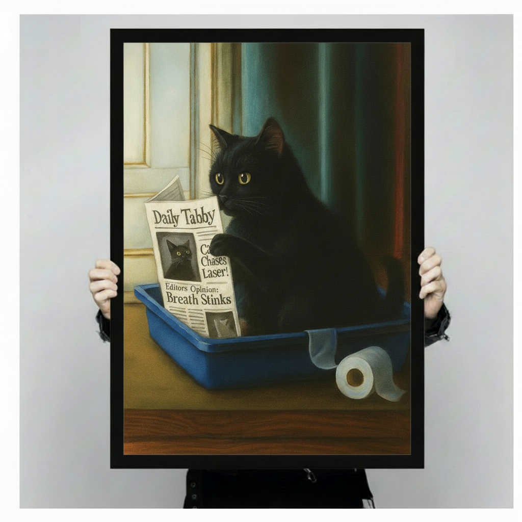 Funny Black Cat Newspaper Canvas Wall Art Print