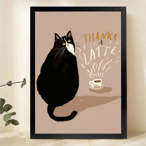 Thanks a Latte Tuxedo Cat Wall Art - Funny Coffee Cat Canvas Print
