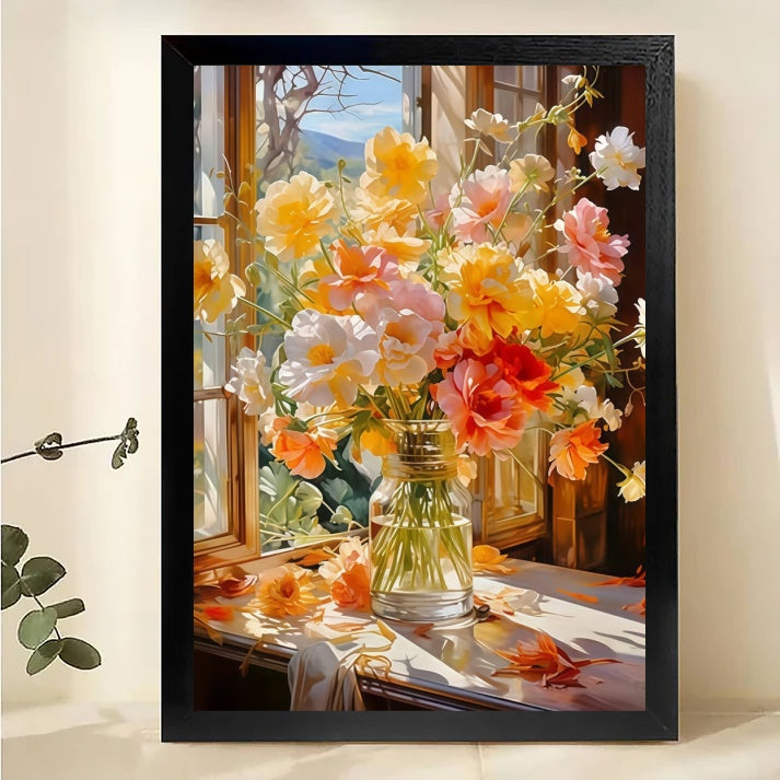 Window Floral Vase Canvas Art - Cottage Garden Wall Print