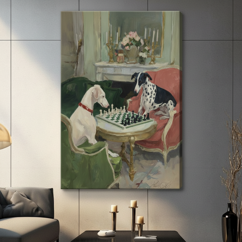 Dogs Playing Chess Classical Oil Canvas Wall Art