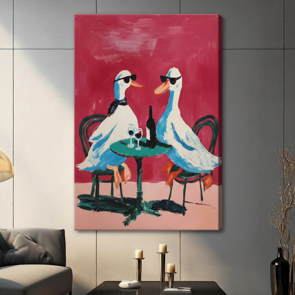 Two Cool Geese Wine Date Impasto Canvas Print