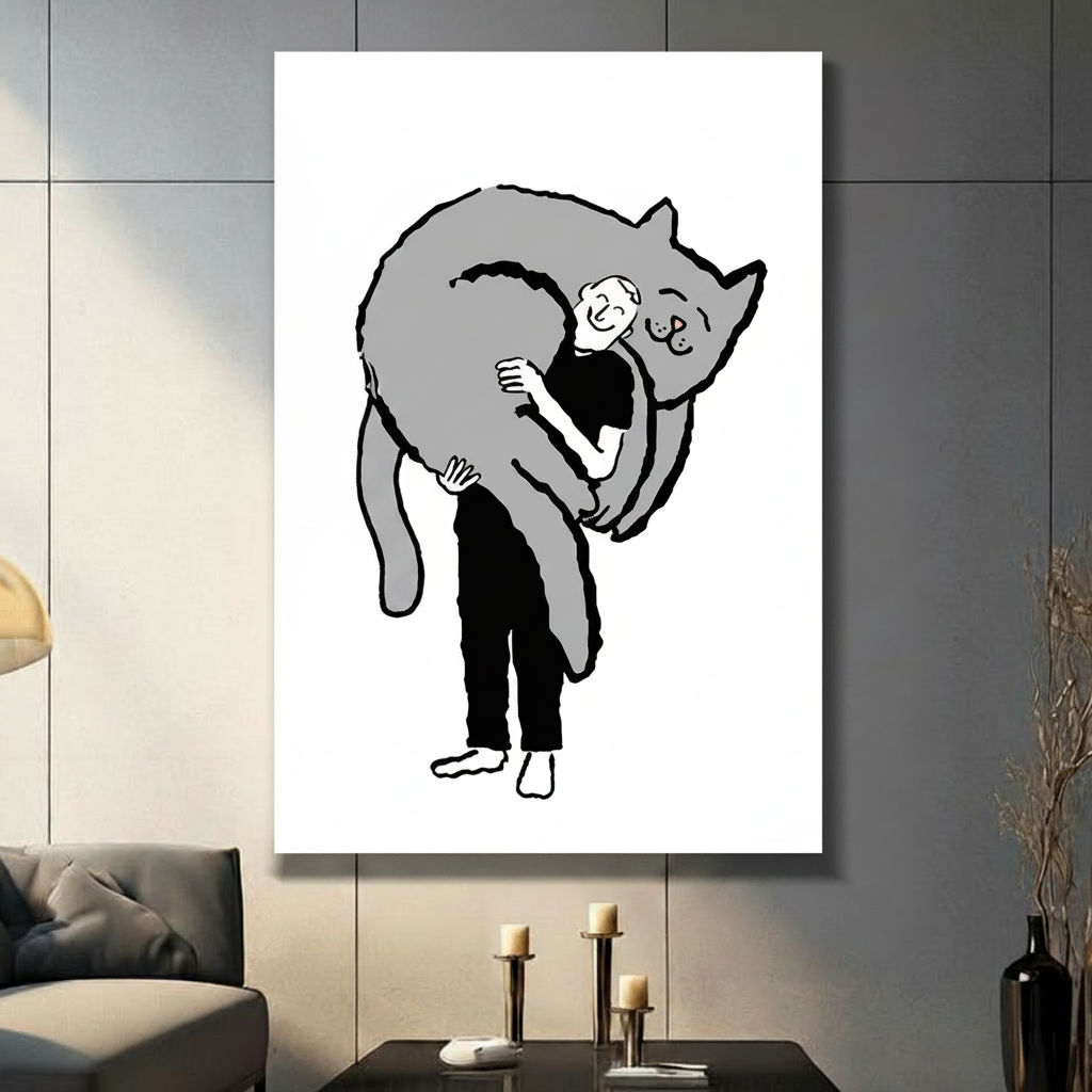 Person Hugging Giant Cat Minimalist Canvas Print
