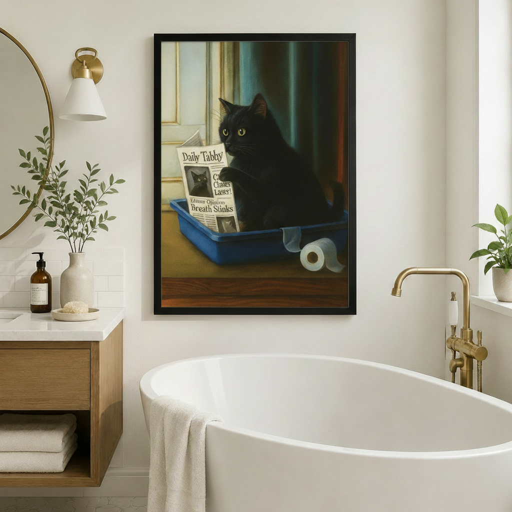 Funny Black Cat Newspaper Canvas Wall Art Print