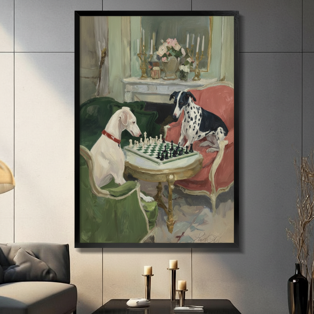 Dogs Playing Chess Classical Oil Canvas Wall Art