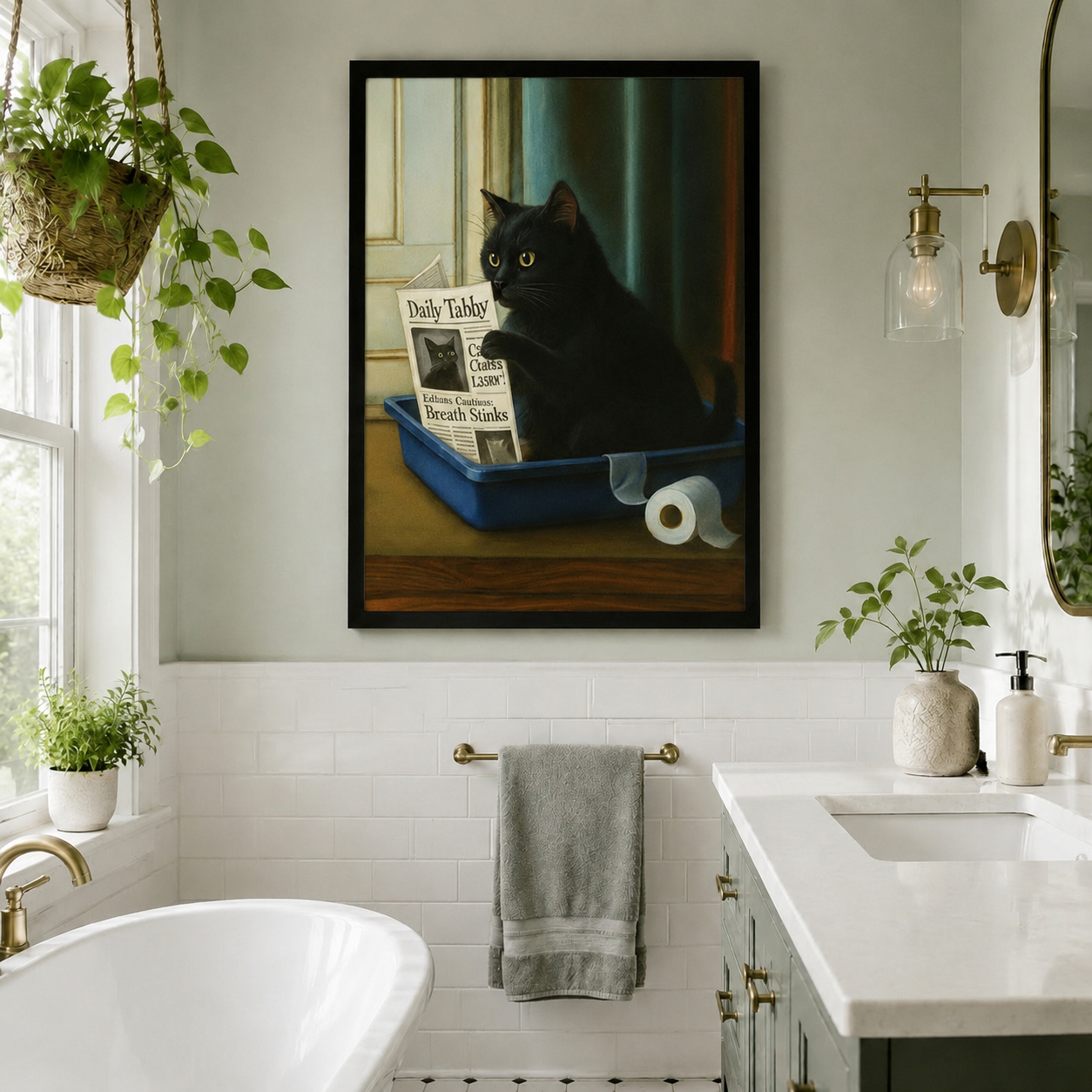 Funny Black Cat Newspaper Canvas Wall Art Print