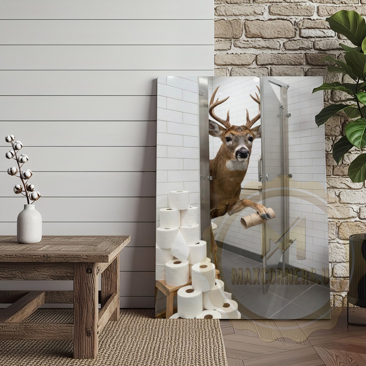 Deer Canvas White Bathroom Toilet Paper Stack Canvas Wall Art