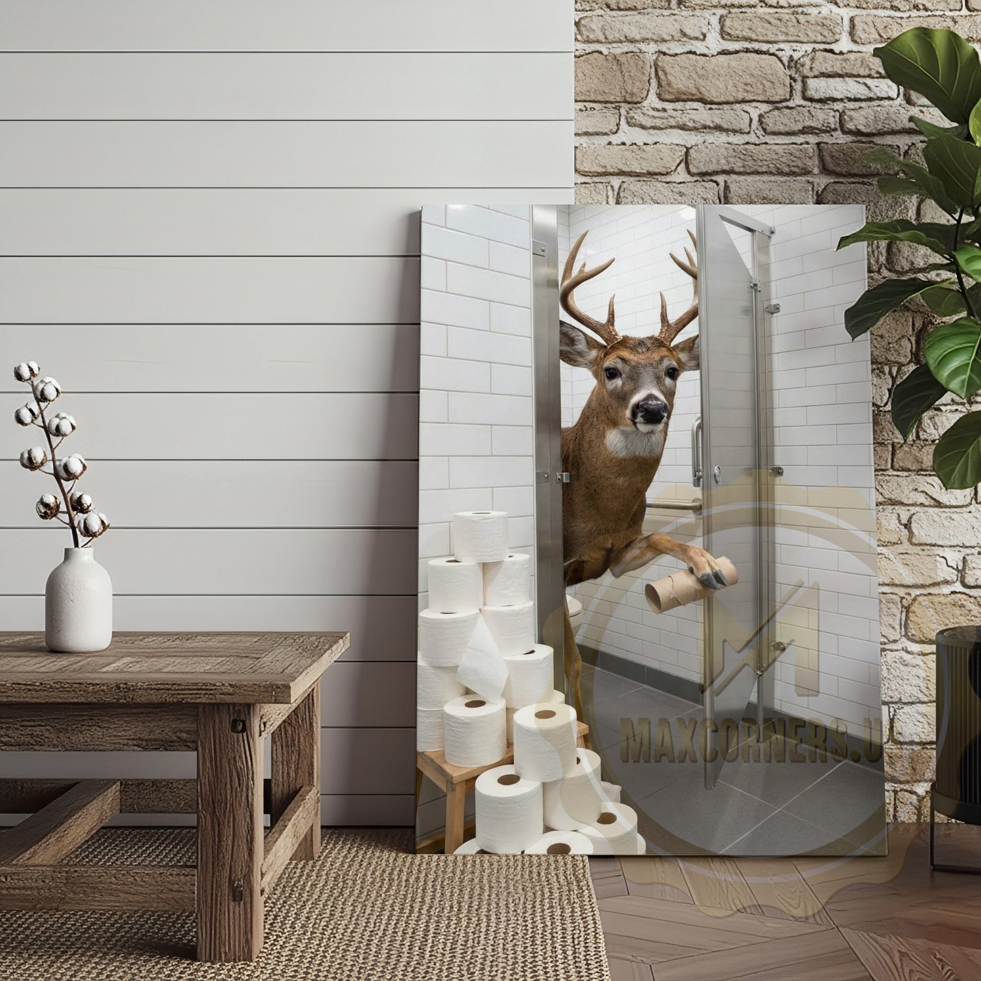 Deer Canvas White Bathroom Toilet Paper Stack Canvas Wall Art