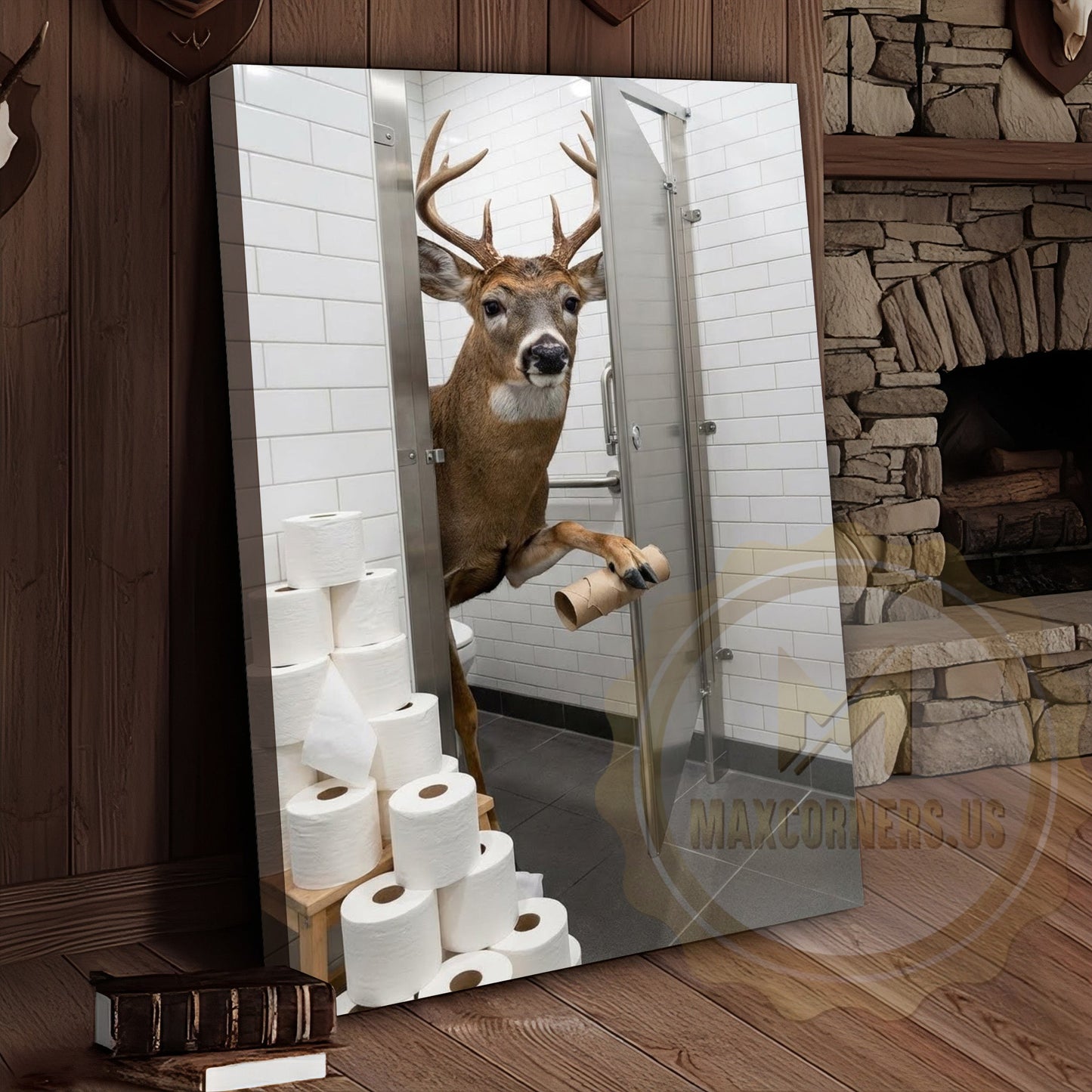 Deer Canvas White Bathroom Toilet Paper Stack Canvas Wall Art
