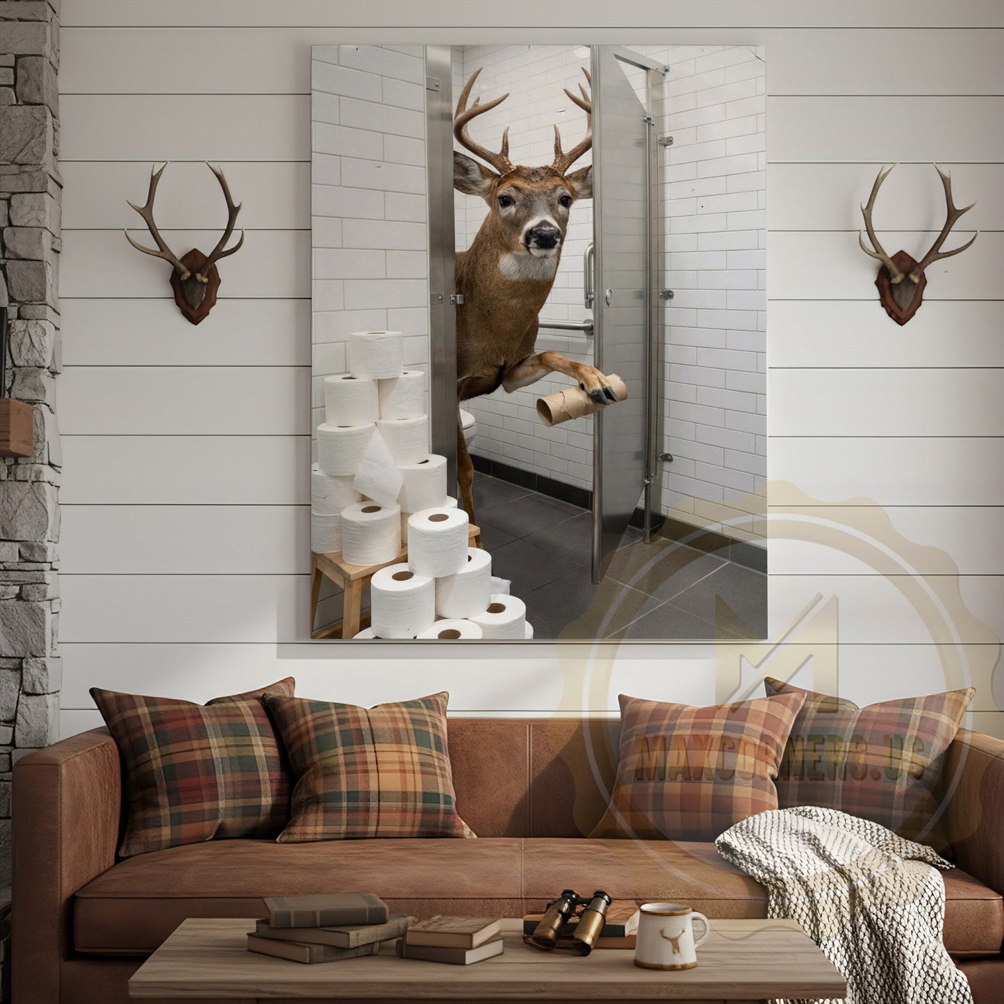 Deer Canvas White Bathroom Toilet Paper Stack Canvas Wall Art
