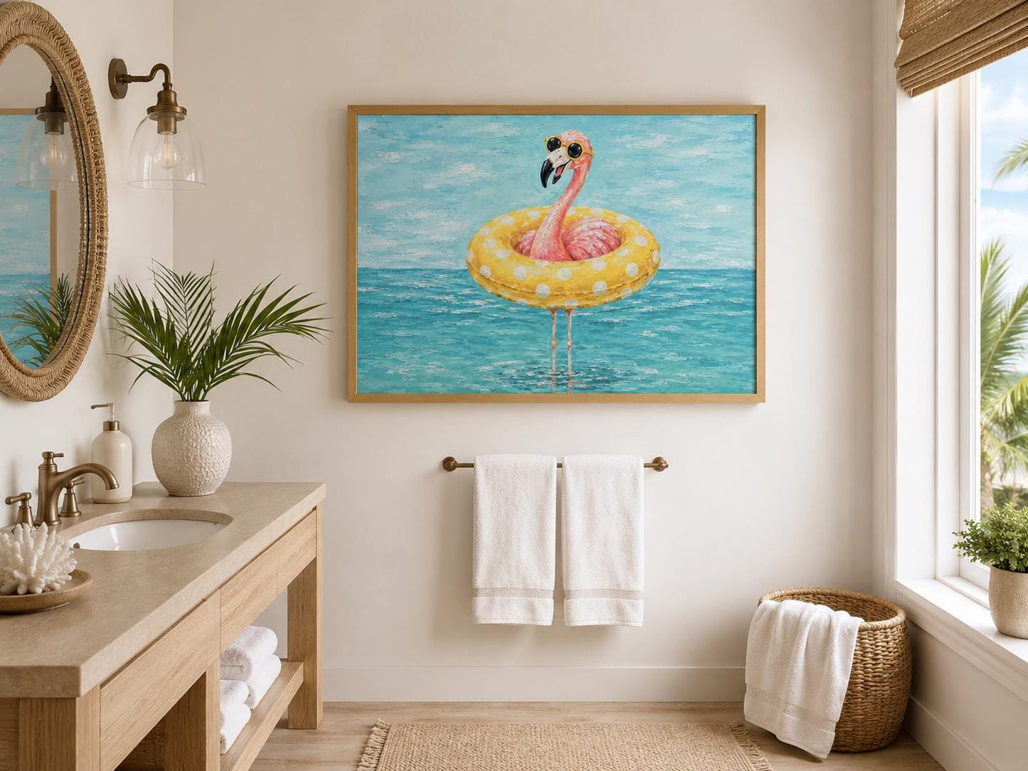 Funny Flamingo With Pool Float And Sunglasses Wall Art - Whimsical Coastal Wall Decor for Beach House
