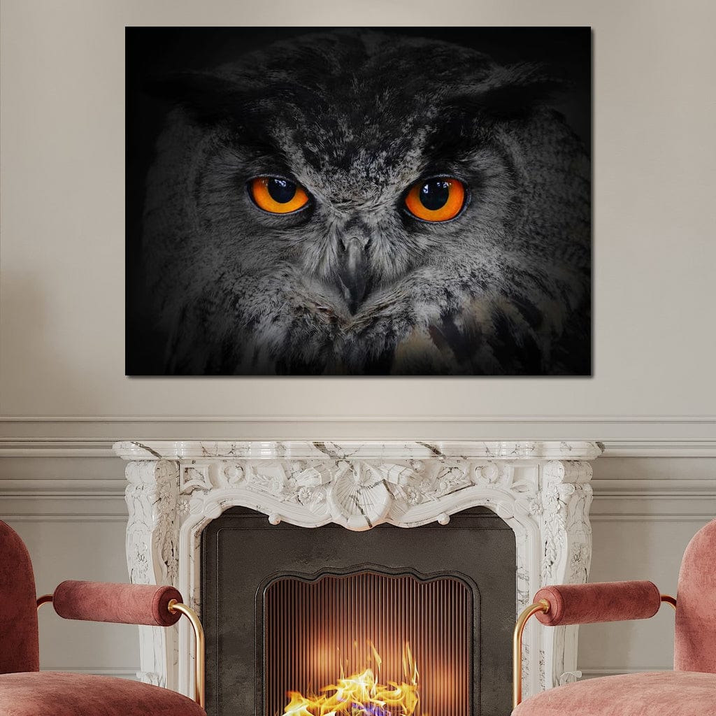 Black & White Owl with Orange Eyes Canvas Wall Art