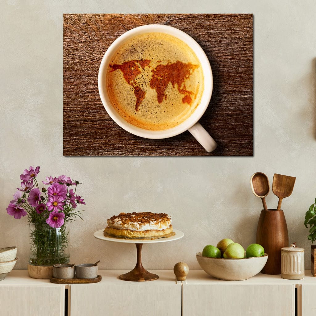 World Map Coffee Cup Canvas Wall Art