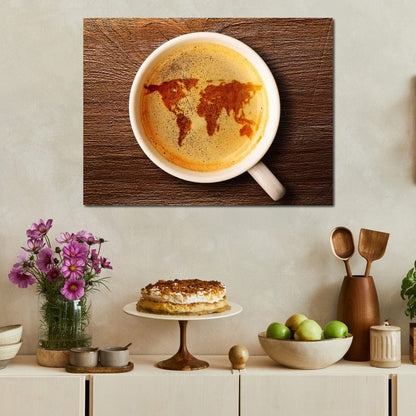 World Map Coffee Cup Canvas Wall Art
