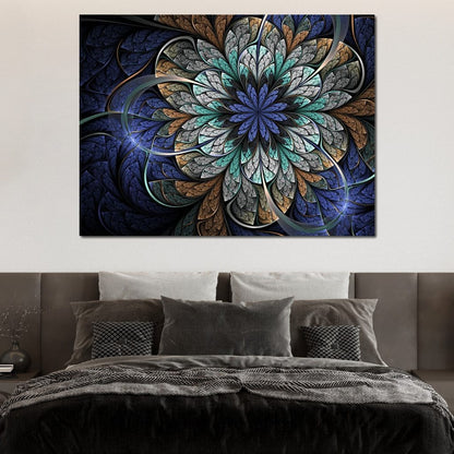 Blue and Gold Fractal Flower Canvas Wall Art