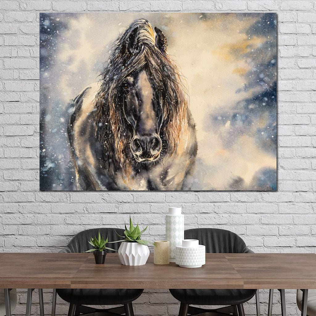 Black Horse in Winter Canvas Wall Art