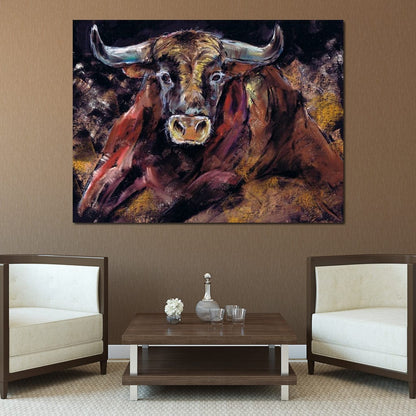 Brown Bull Charge Canvas Wall Art