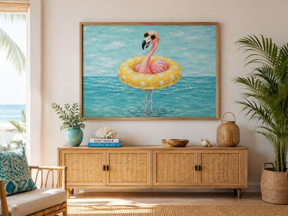 Funny Flamingo With Pool Float And Sunglasses Wall Art - Whimsical Coastal Wall Decor for Beach House
