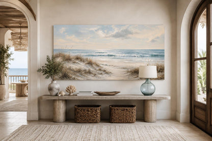 Sandy Beach Dunes with Sea Grass and Rolling Waves Wall Art