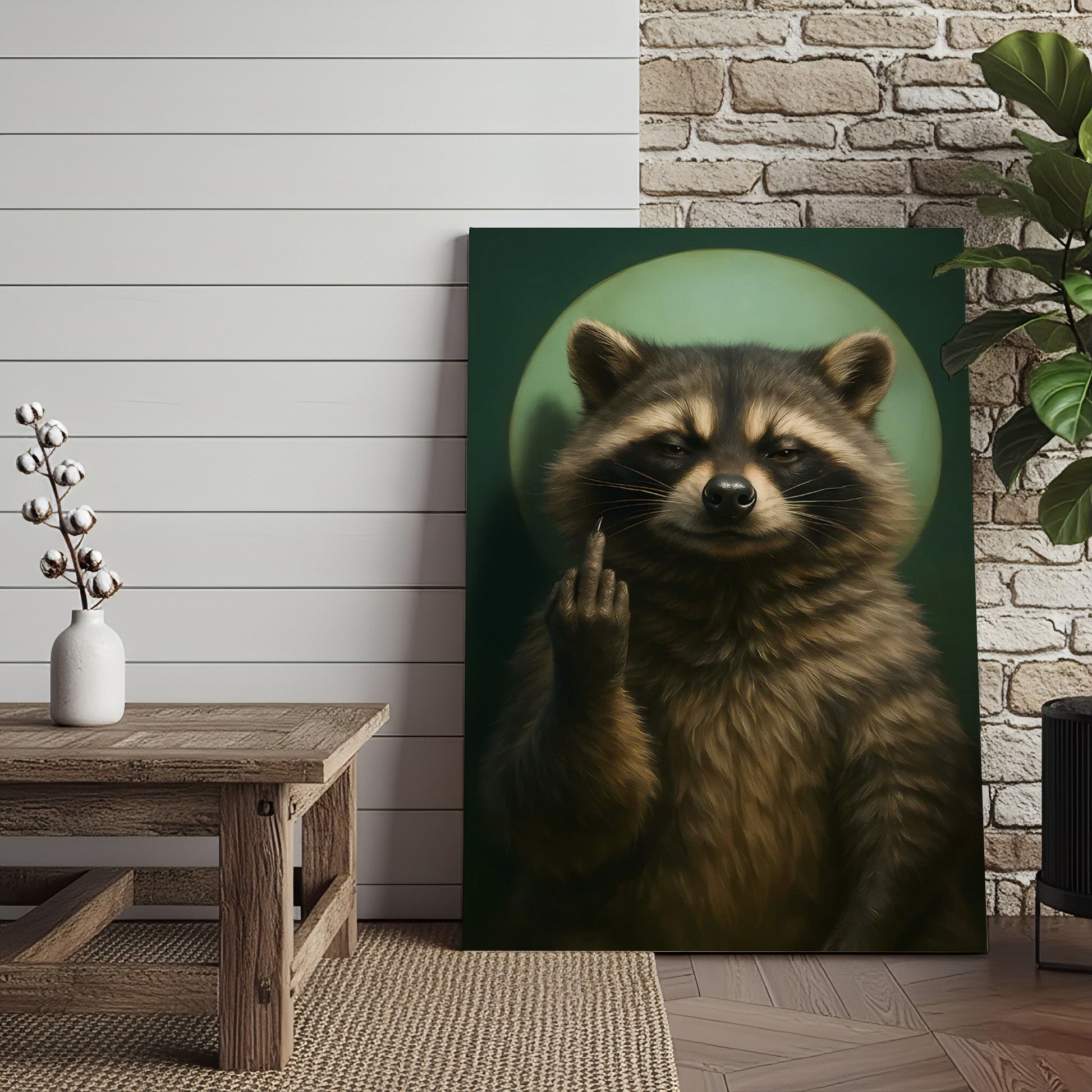 Funny Raccoon Fukin Finger Canvas Wall Art – Hilarious Gift for Hunters, Men & Cabin Decor