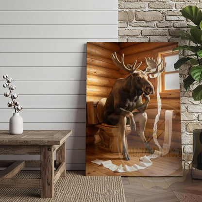 Moose Canvas Log Cabin Bathroom Toilet Paper Canvas Wall Art