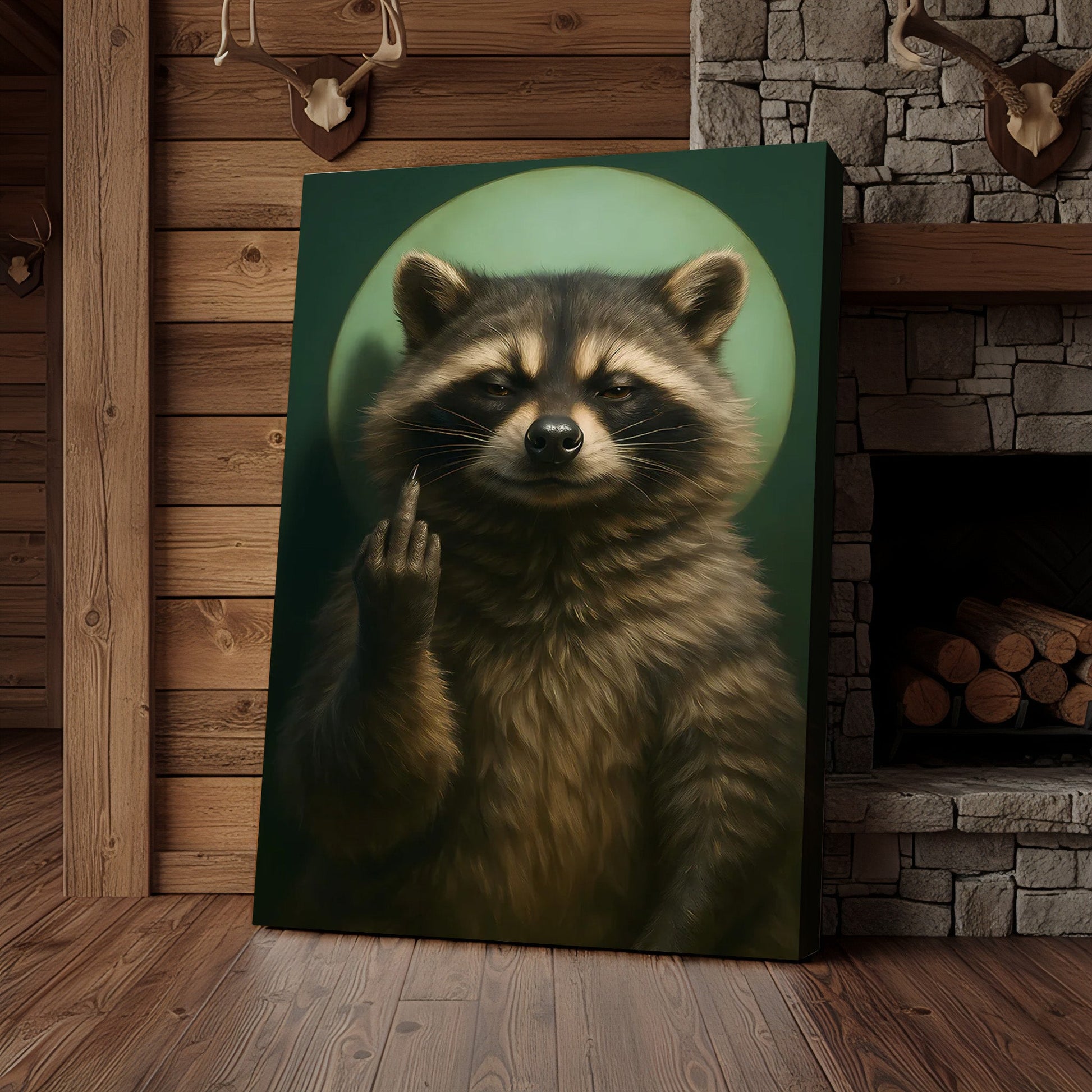Funny Raccoon Fukin Finger Canvas Wall Art – Hilarious Gift for Hunters, Men & Cabin Decor