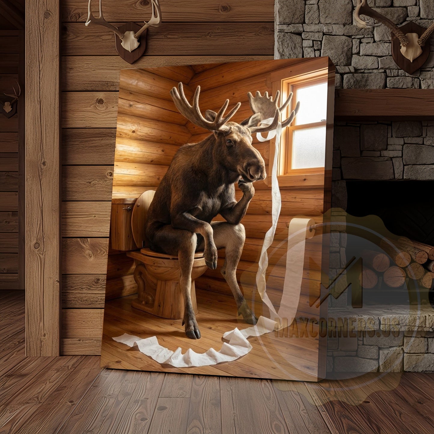 Moose Canvas Log Cabin Bathroom Toilet Paper Canvas Wall Art