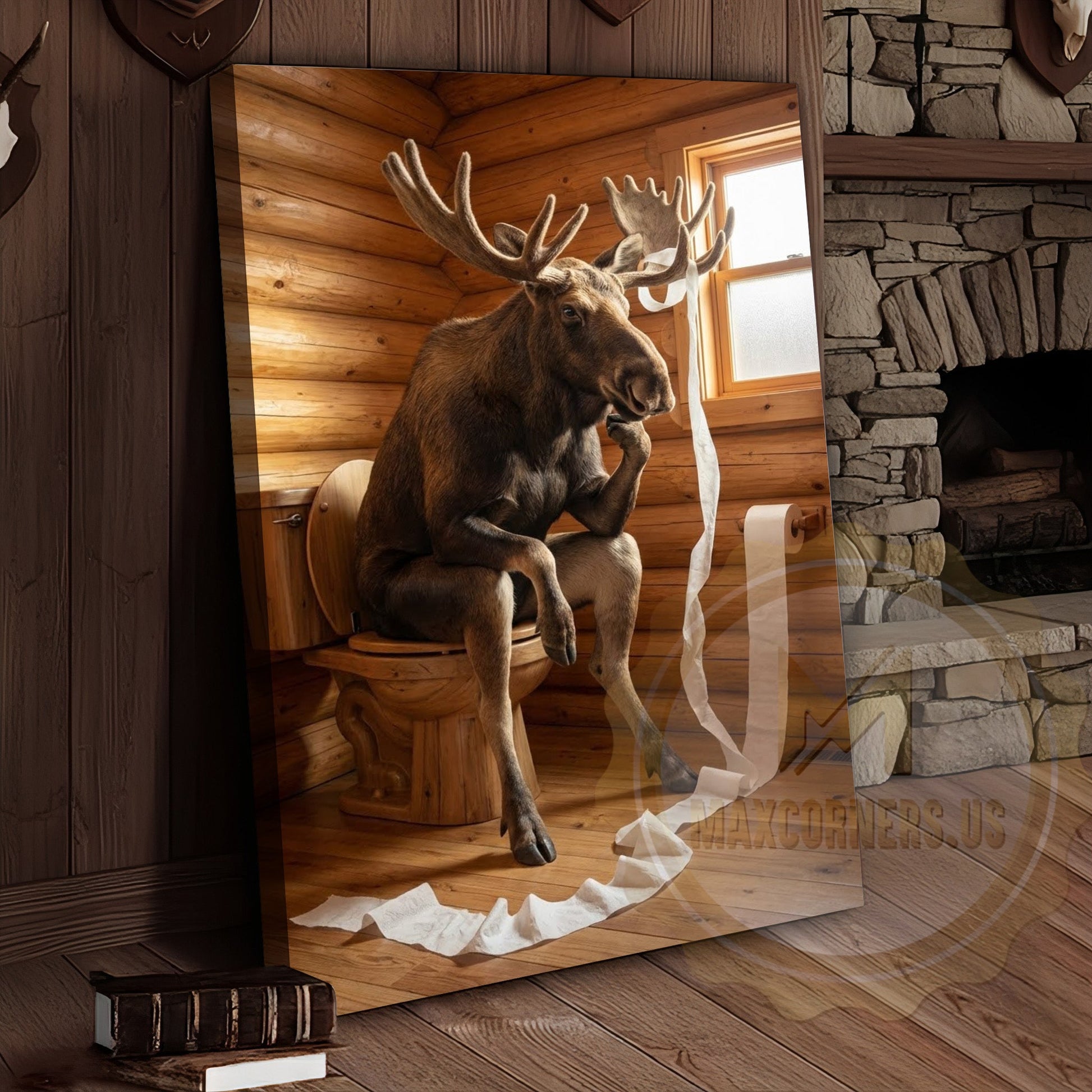Moose Canvas Log Cabin Bathroom Toilet Paper Canvas Wall Art