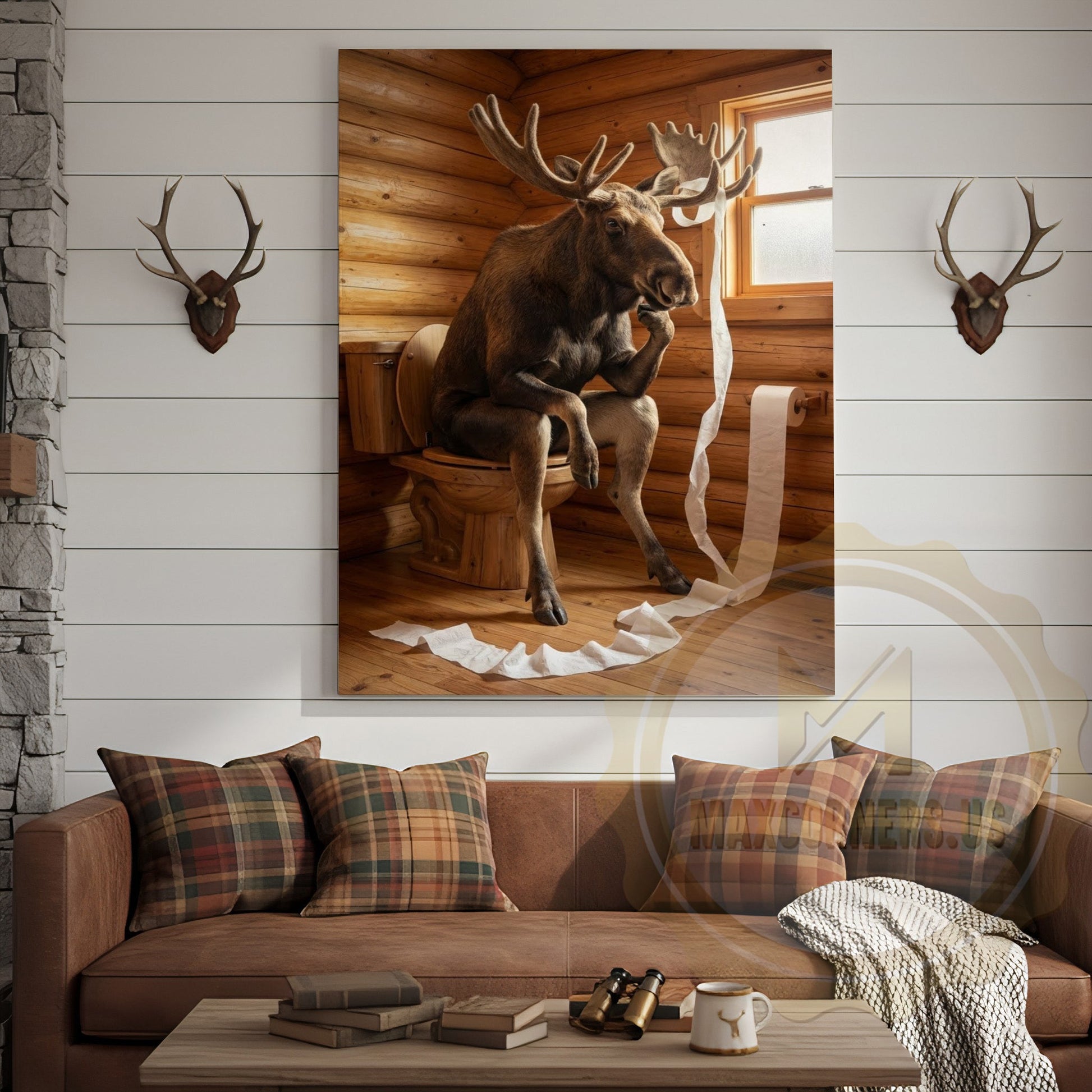 Moose Canvas Log Cabin Bathroom Toilet Paper Canvas Wall Art