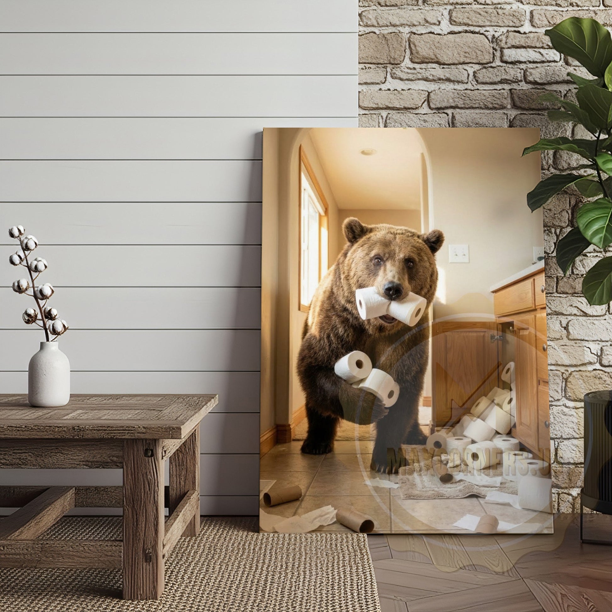 Bear Canvas Bathroom Toilet Paper Running Humor Canvas Wall Art