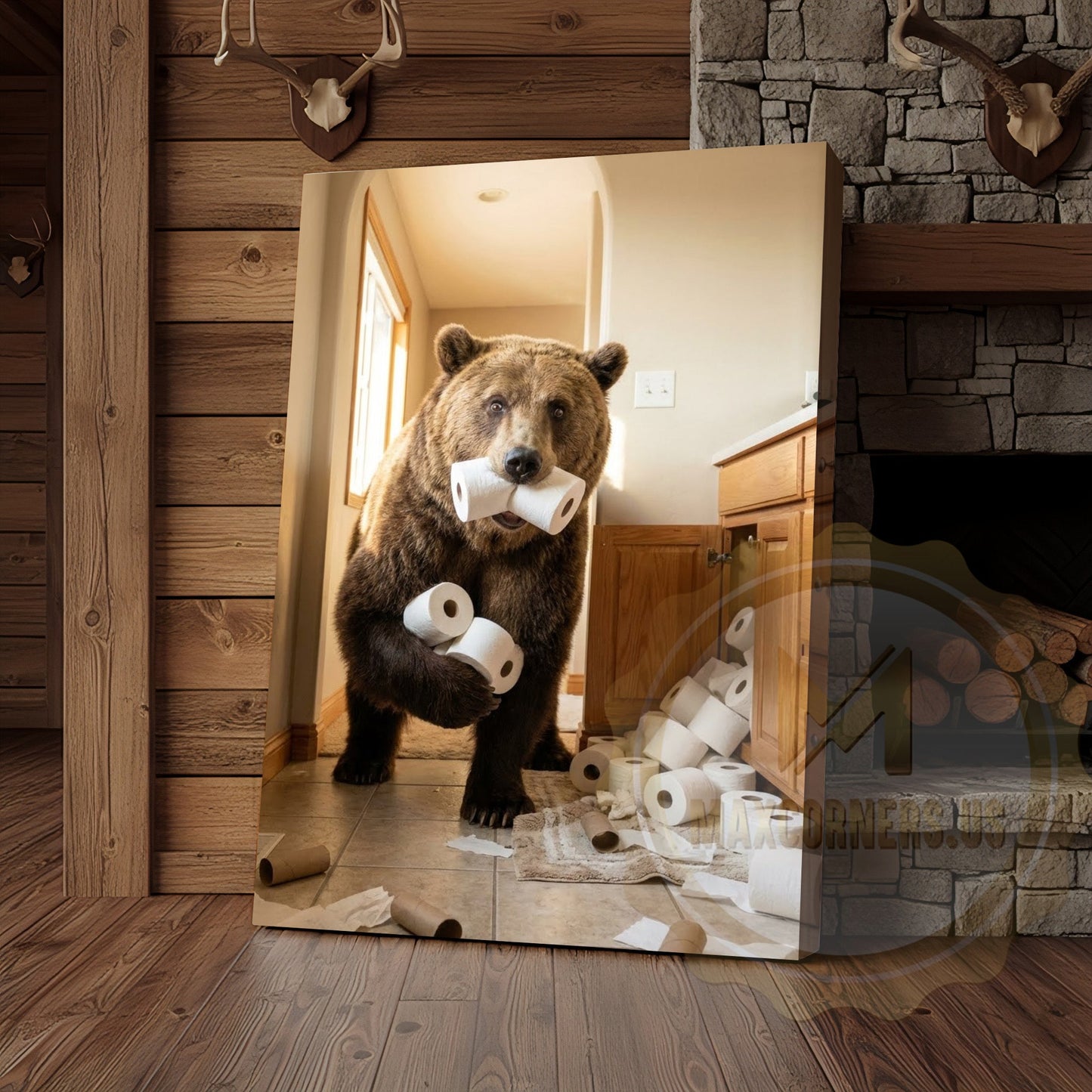 Bear Canvas Bathroom Toilet Paper Running Humor Canvas Wall Art