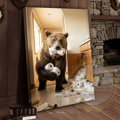 Bear Canvas Bathroom Toilet Paper Running Humor Canvas Wall Art