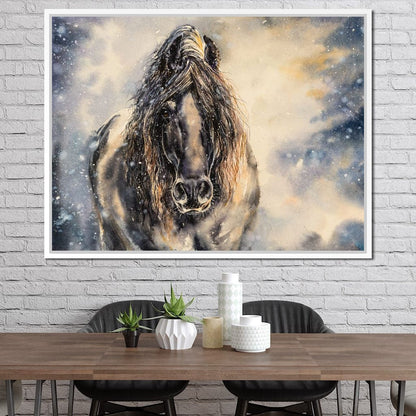 Black Horse in Winter Canvas Wall Art
