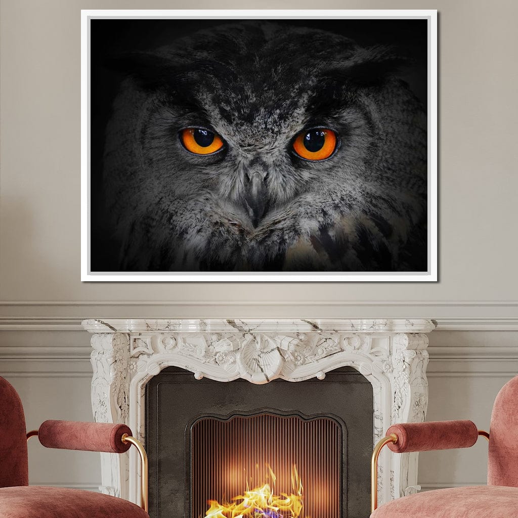 Black & White Owl with Orange Eyes Canvas Wall Art