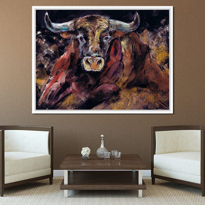 Brown Bull Charge Canvas Wall Art